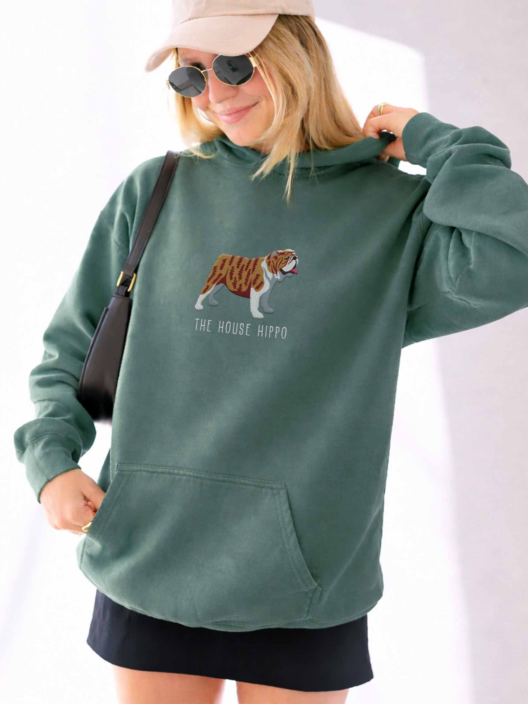 The House Hippo Premium Hoodie (Embroidered) of an English Bulldog(Brindle & White) product image (2)