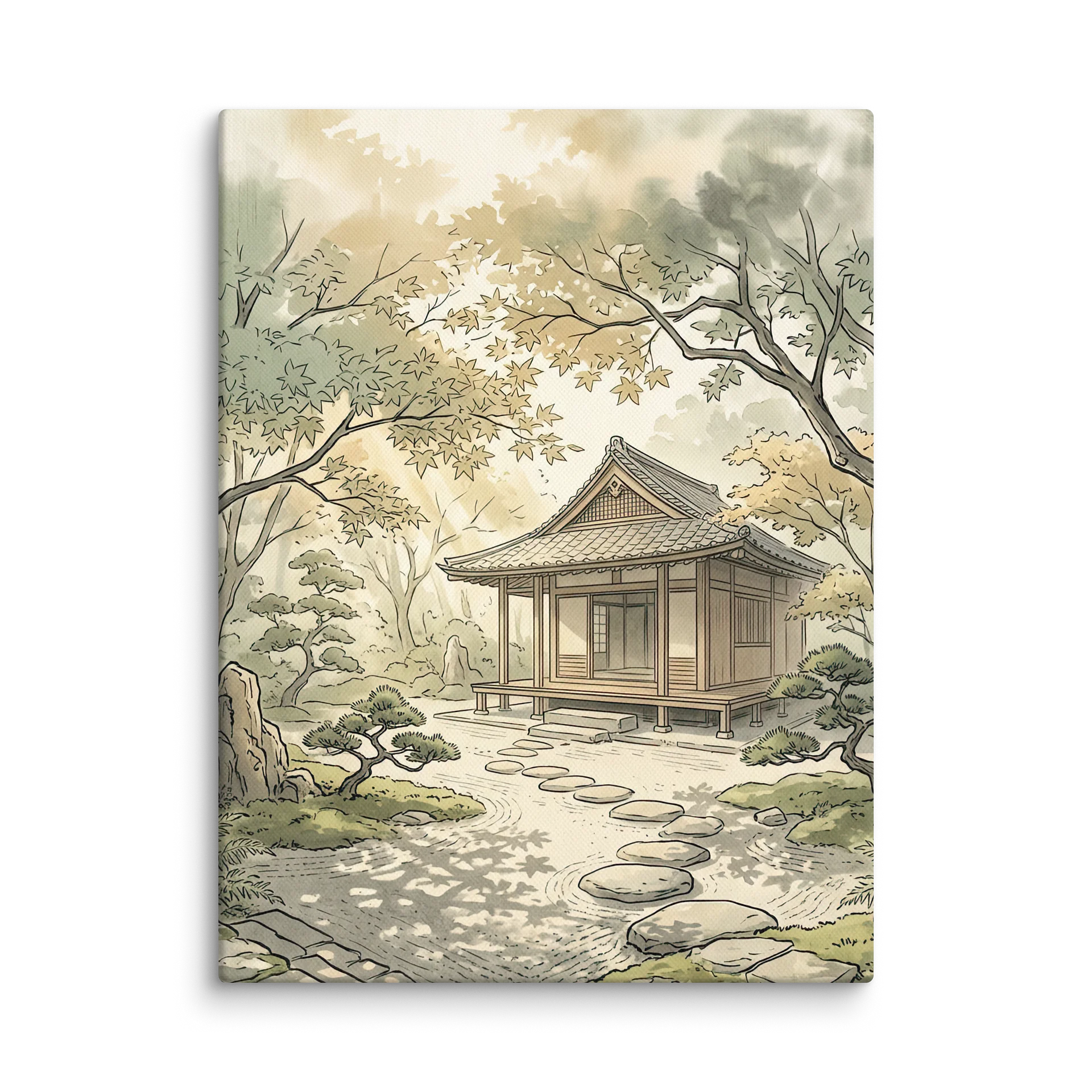 Tranquil Japanese Pavilion Zen Garden Canvas - Japandi Wall Art product image (1)