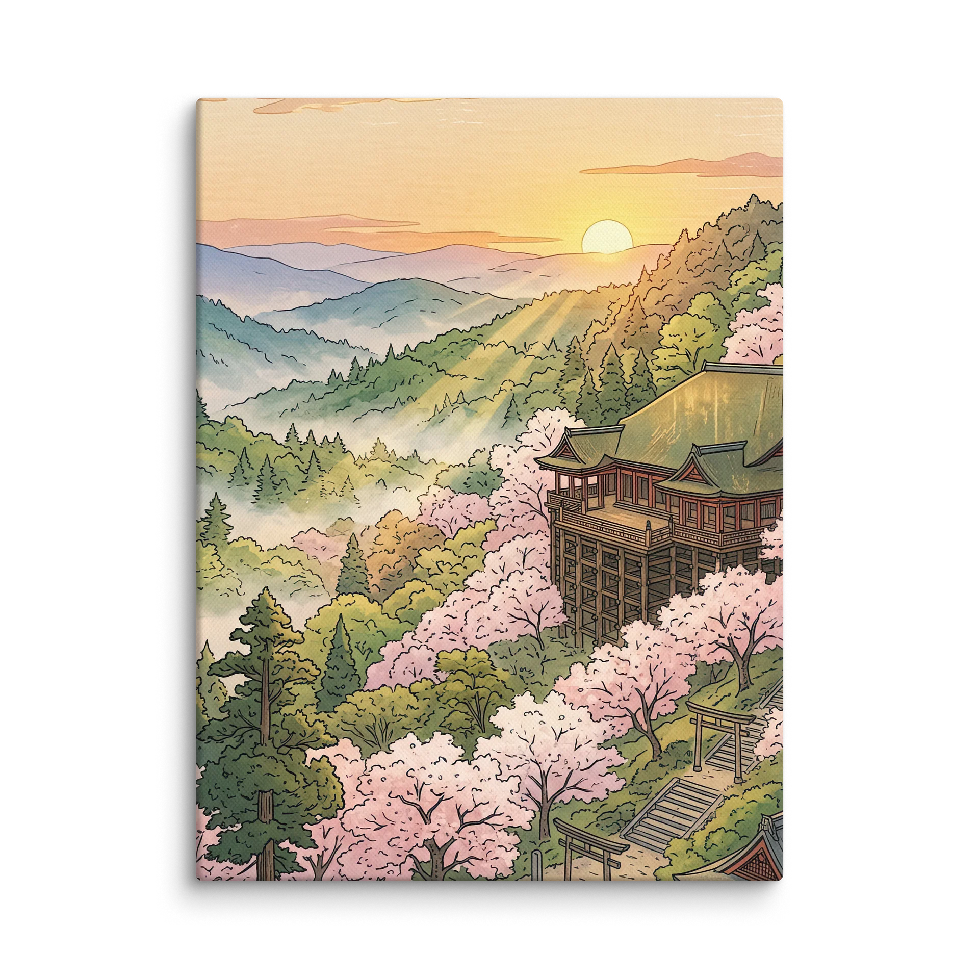 Serene Misty Cherry Blossom Temple Canvas - Zen Minimalist Wall Art product image (1)