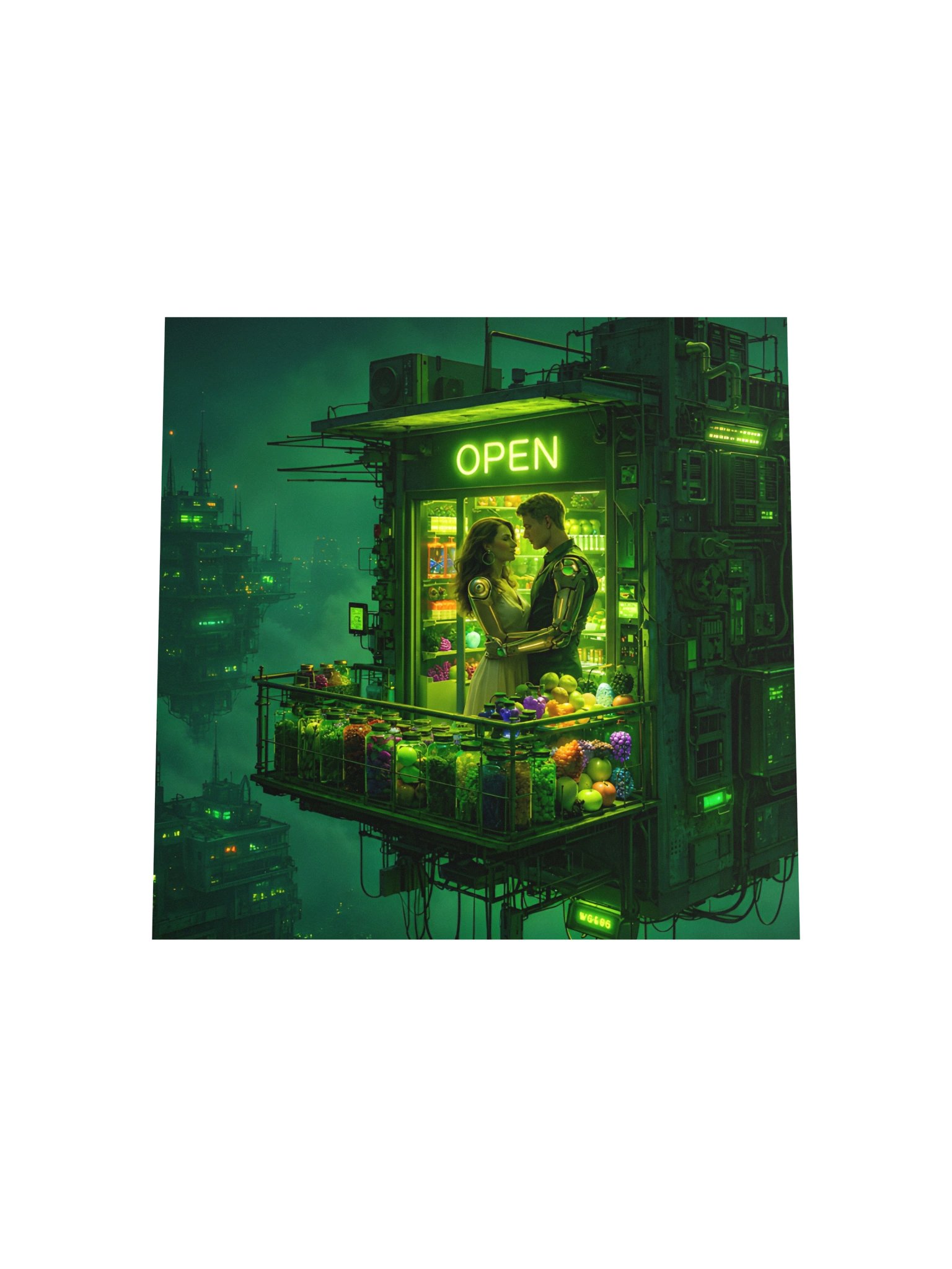 Cyberpunk Romance Wall Art | Neon Green Floating Store Poster | Sci Fi Couple Decor product image (5)