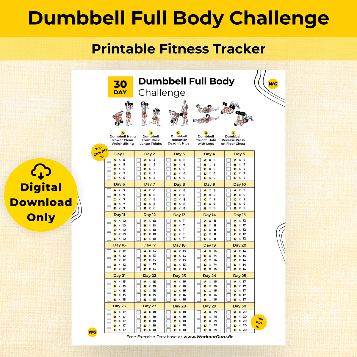 30 Day Dumbbell Full Body Challenge - Printable Workout Tracker ...