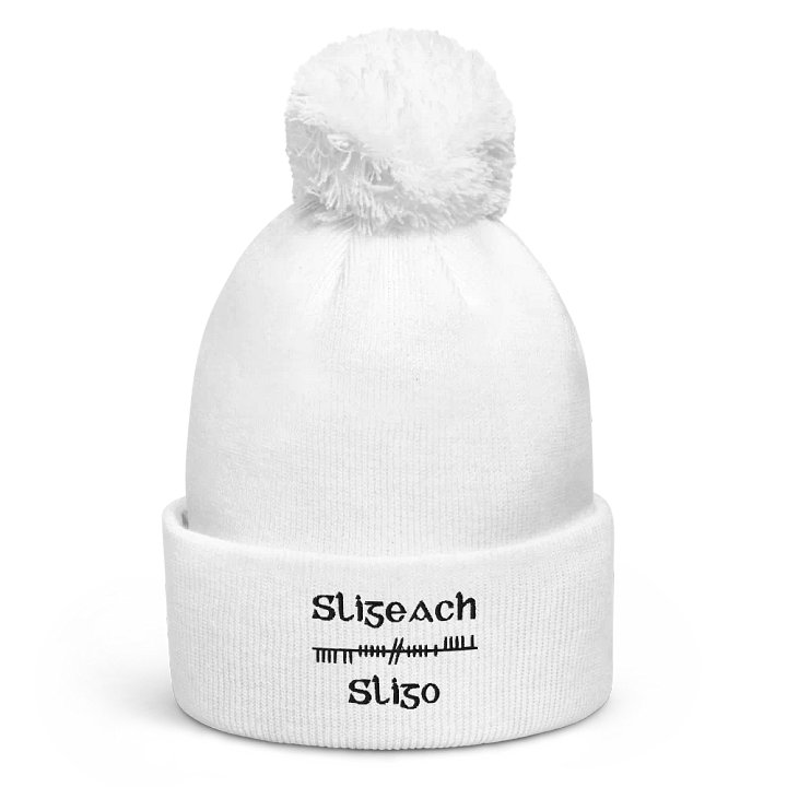 Sligo/Sligeach Orthodox style Ogham, white with black, embroidered Pom-Pom Beanie product image (1)