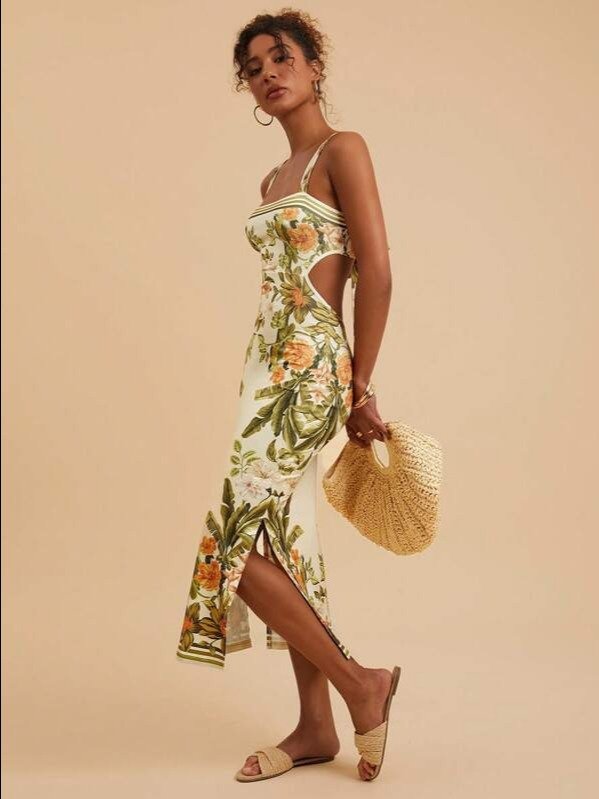 Yellow Floral Backless Midi Dress — Boho High Waist Cami Slit Dress product image (2)
