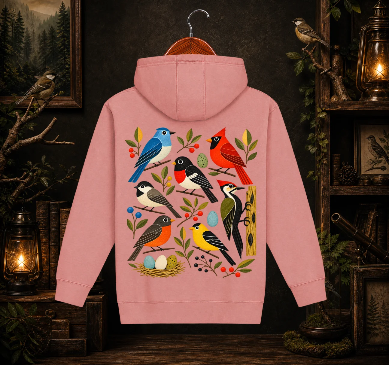 Vintage Folk Art Songbirds Back-Print Hoodie | Mid-Century Nature Graphic Hoodie product image (1)