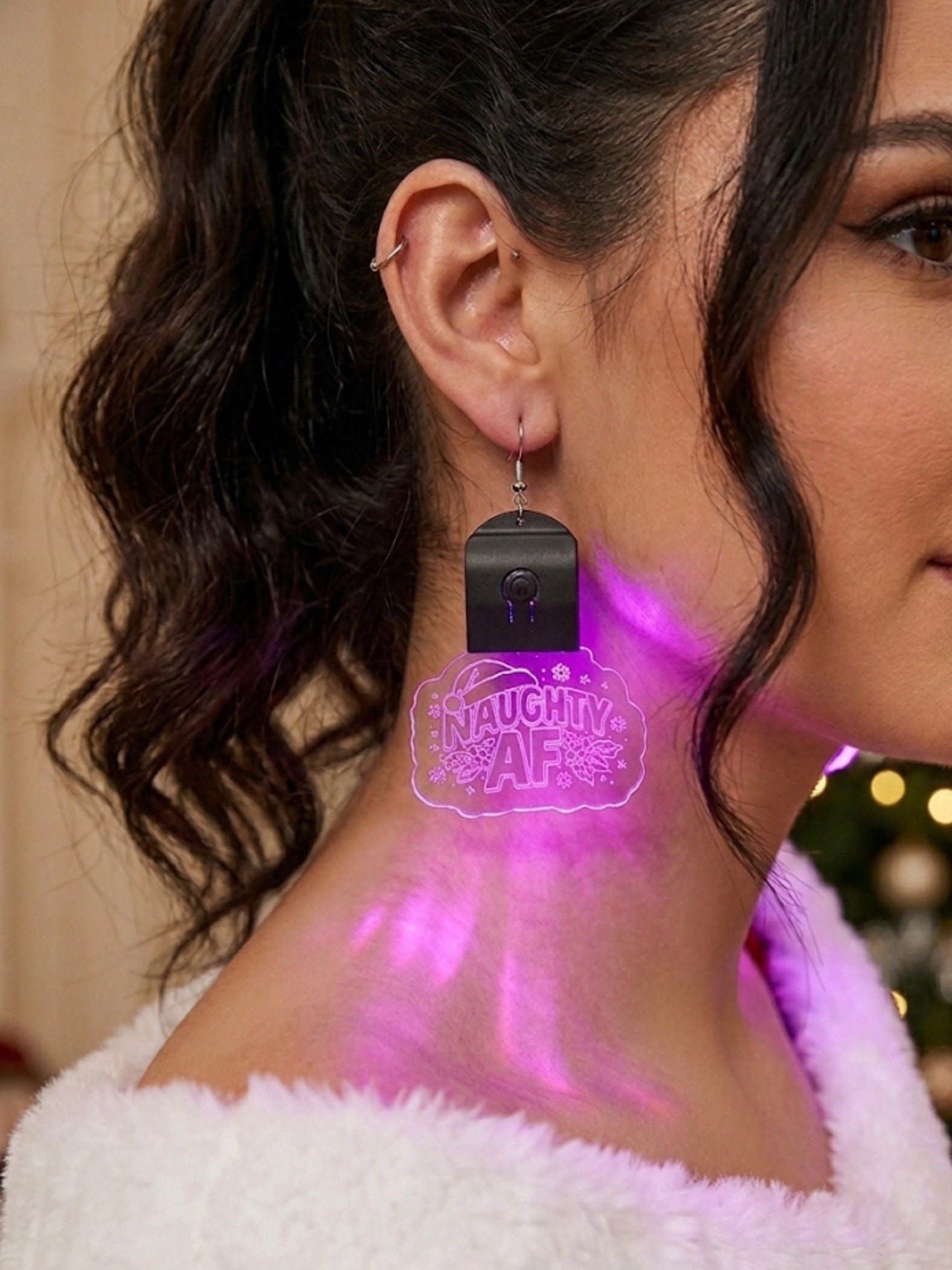 Naughty AF Christmas Earrings | Glowing Neon Acrylic Holiday Jewelry for Models & Parties | Festive Red LED Earrings product image (4)
