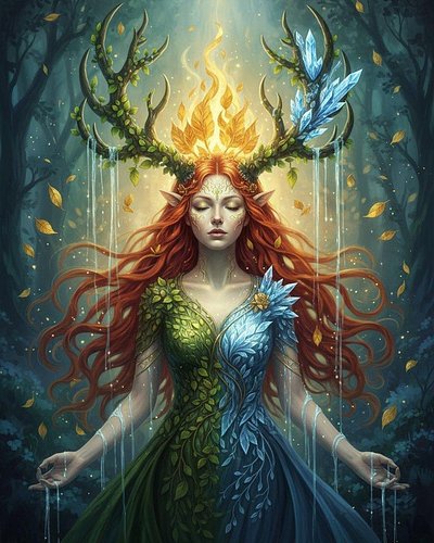 She wears the seasons in her crown. 

In the hush between dusk and dawn, she rises, antlers woven from earth’s wildest dreams...