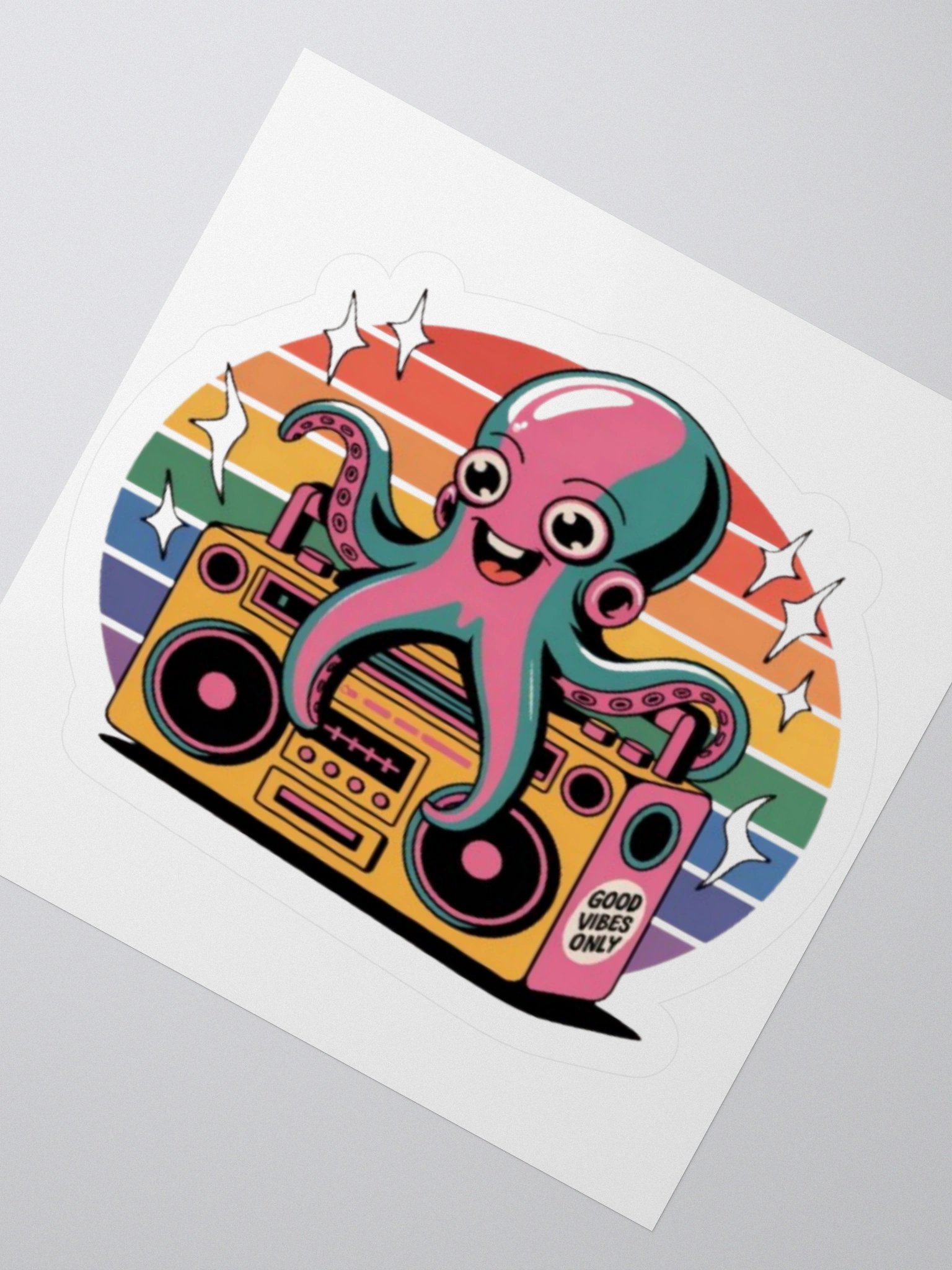 Retro 80s Octopus on Boombox Sticker - Good Vibes Only - Vibrant Rainbow Design product image (6)