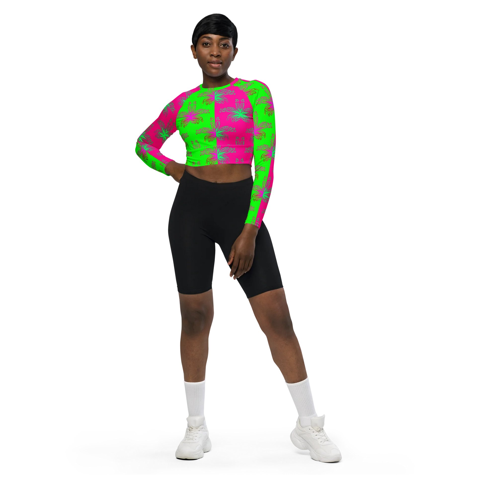 Cannabis Stoner Circus Stripes Recycled Long-Sleeve Crop Top, 420 Summertime Beach Weed Shirt, Neon Green Hot Pink Pot Leaf Pattern Clothing product image (6)