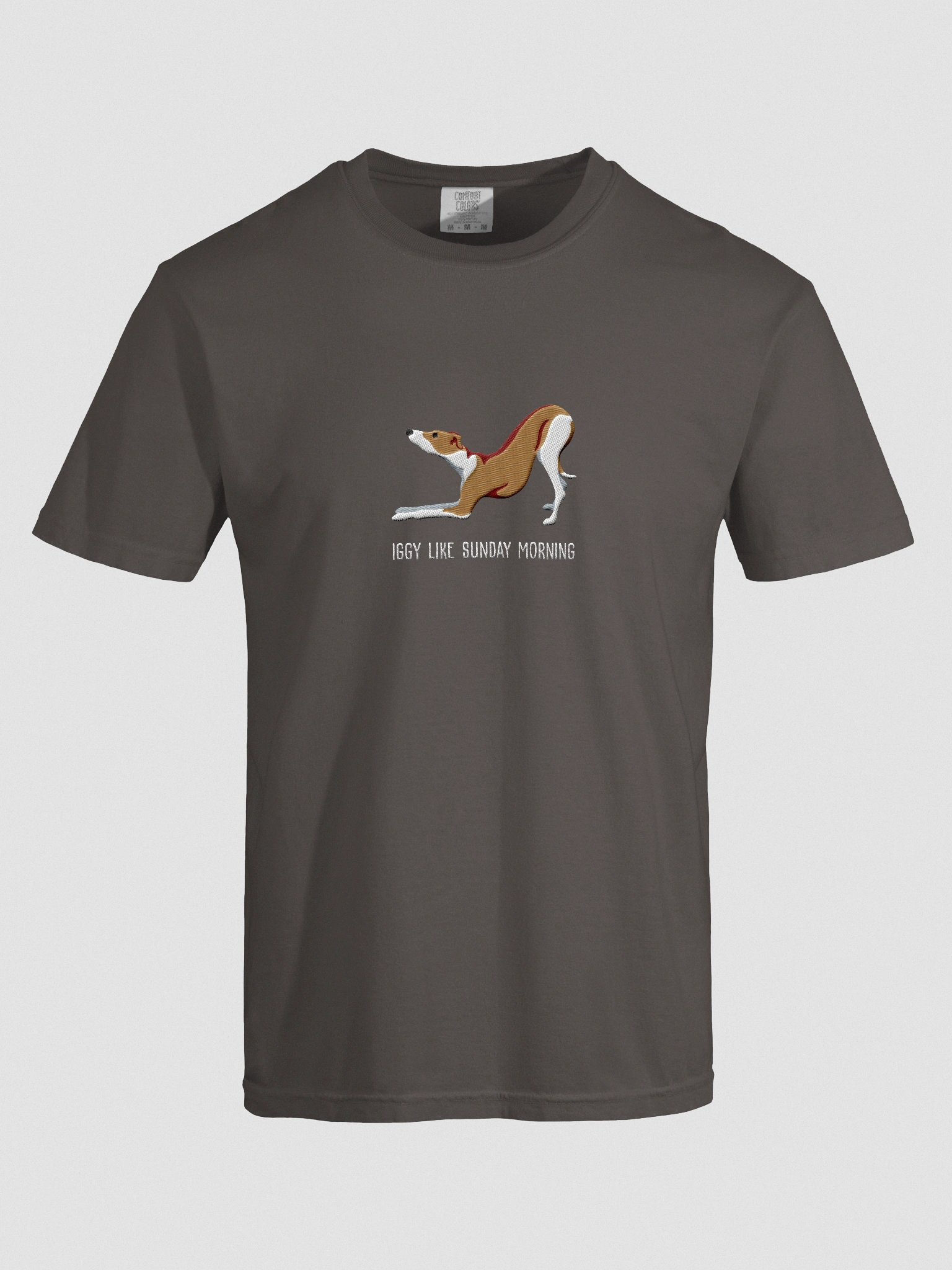 Iggy Like Sunday Morning T-Shirt(Embroidered) of an Italian Greyhound(Brown & White) product image (10)