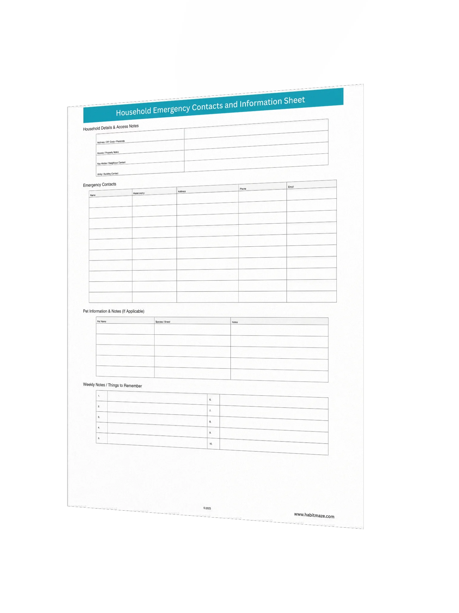 Household Emergency Contacts and Information Sheet product image (3)