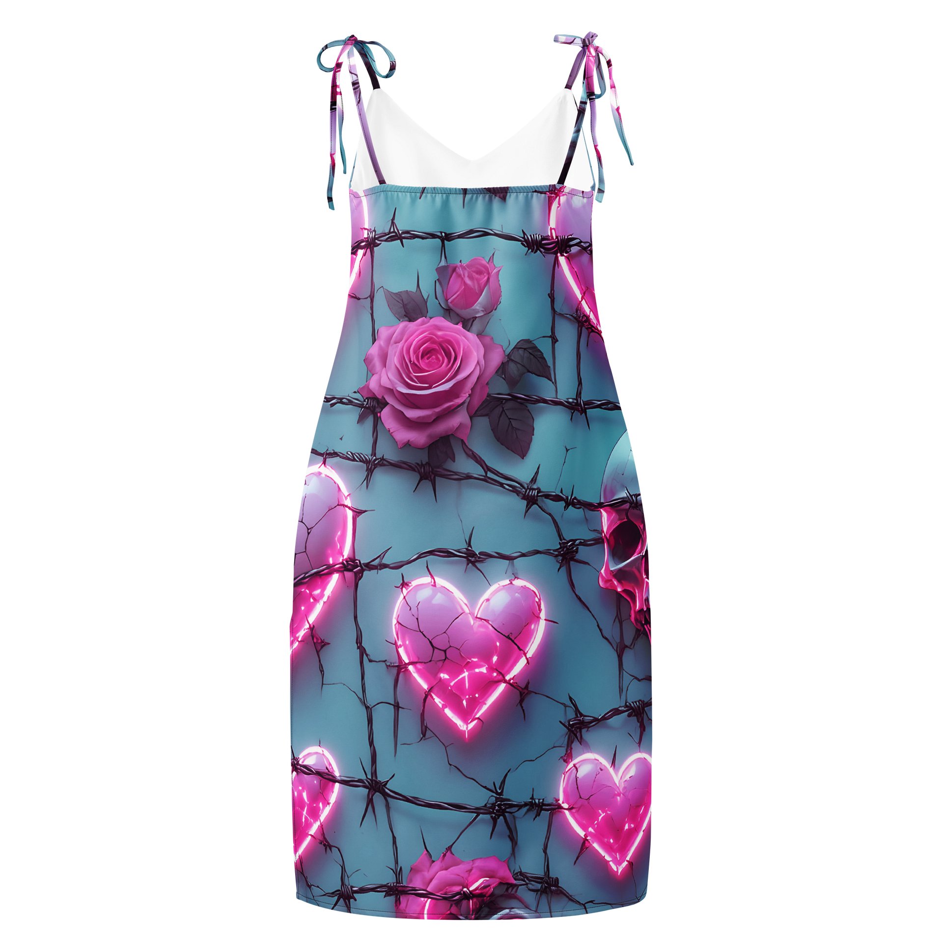 Neon Barbed Rose Heart Midi Slip Dress - Glow Pink Shattered Hearts & Roses Chiffon Halter Dress with Slit product image (2)