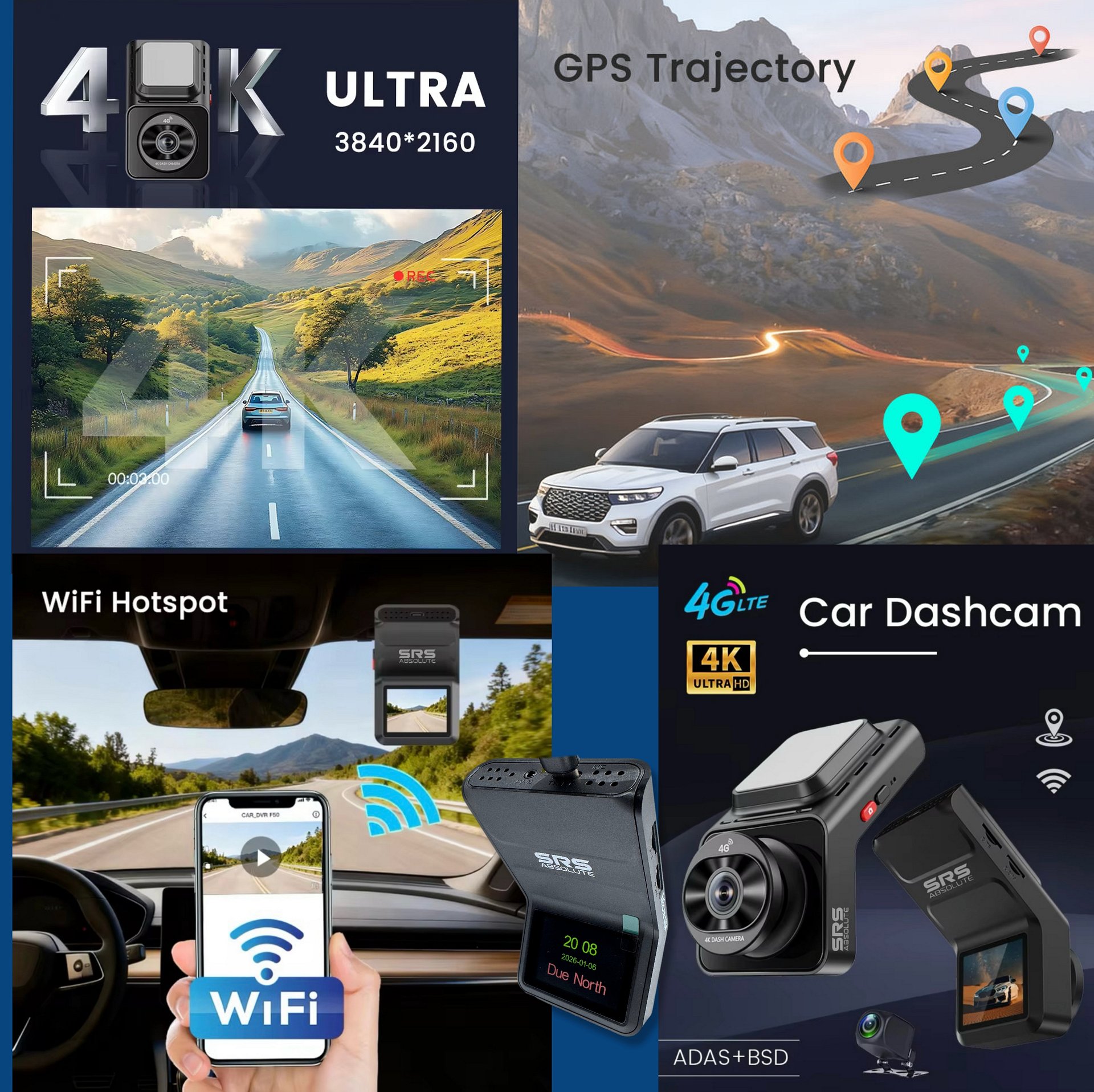 SRS ABSOLUTE 4K+4G Dual Dash Cam Front Rear Record GPS+Live Video ADAS BSD Park Monitor Timelapse WiFi Hotspot Reverse Parking Remote Playback Voice Call MicroSD SIM Support product image (3)