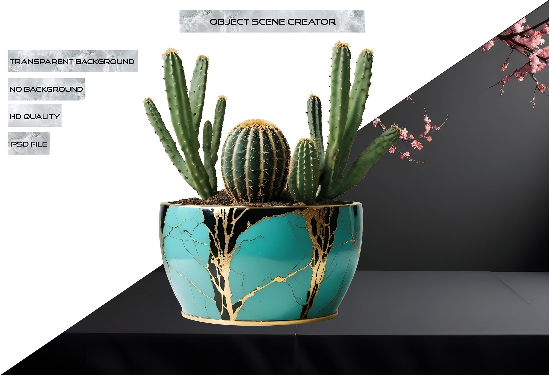 Kintsugi Glow – Turquoise Planter with Golden Cracks PNG product image (2)