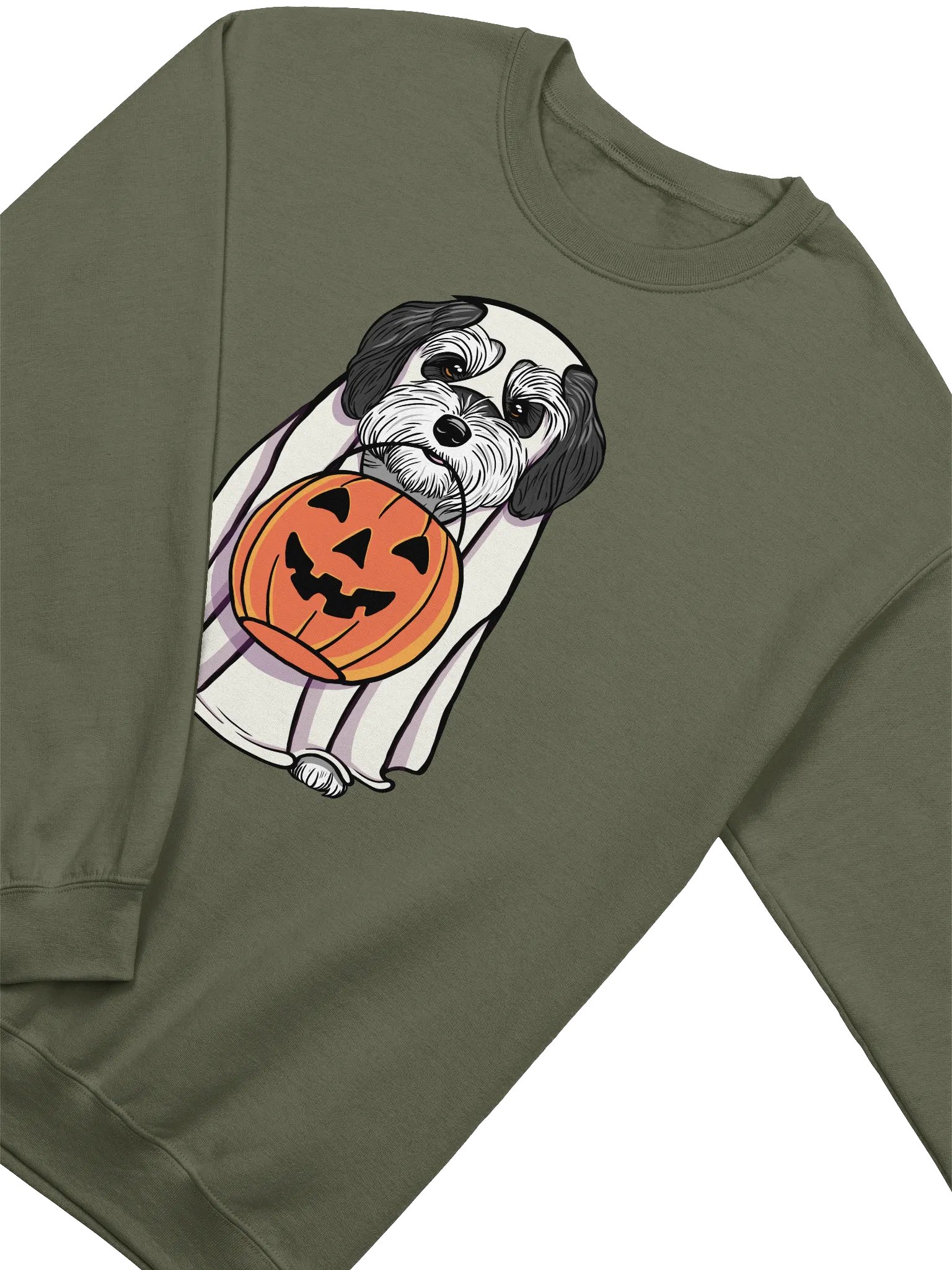 Funny Halloween Havanese(Black & White) Sweatshirt | Funny Havanese Wearing a Ghost Costume and Holding a Pumpkin Basket product image (4)