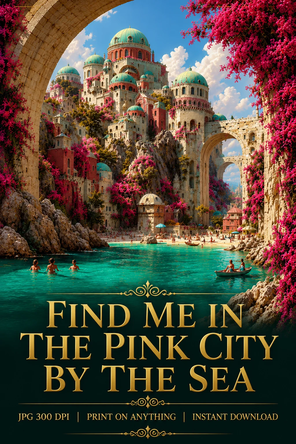 Fantasy Tropical City Pink Bougainvillea Ocean Wall Art Digital Download Printable product image (1)