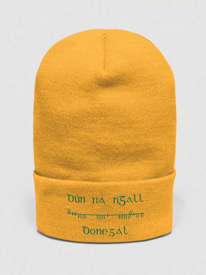 Donegal/Dún na nGall, Orthodox Style Ogham, Gold with Green, embroidered cuffed Beanie product image (1)