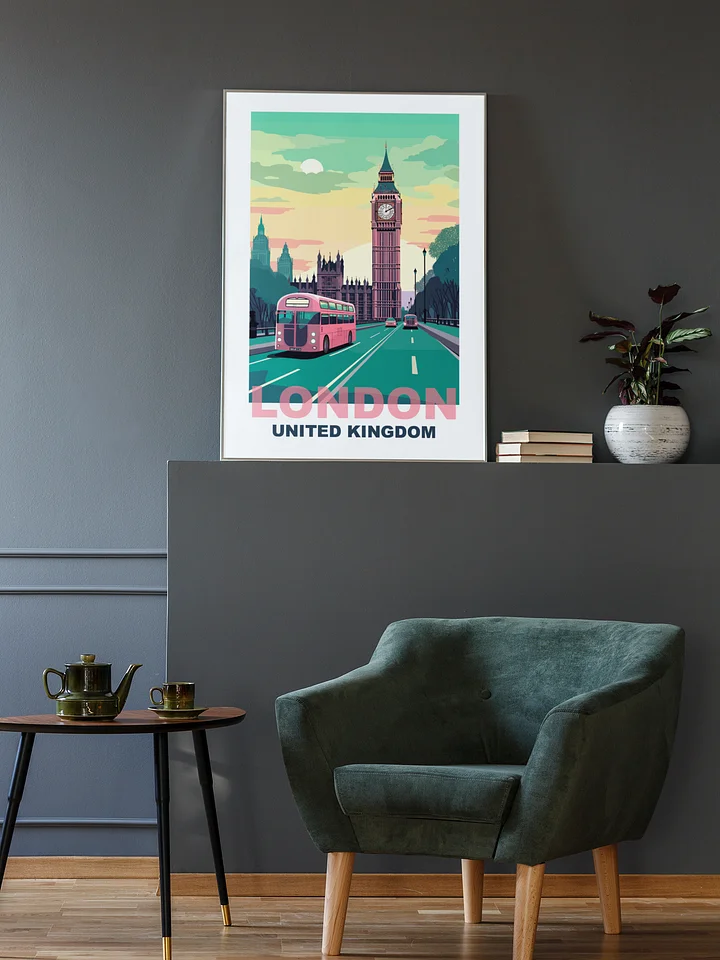 Classic London Cityscape Poster with Iconic Red Bus, Big Ben Sunrise Print, United Kingdom Urban Art, British Travel Wall Decor product image (2)