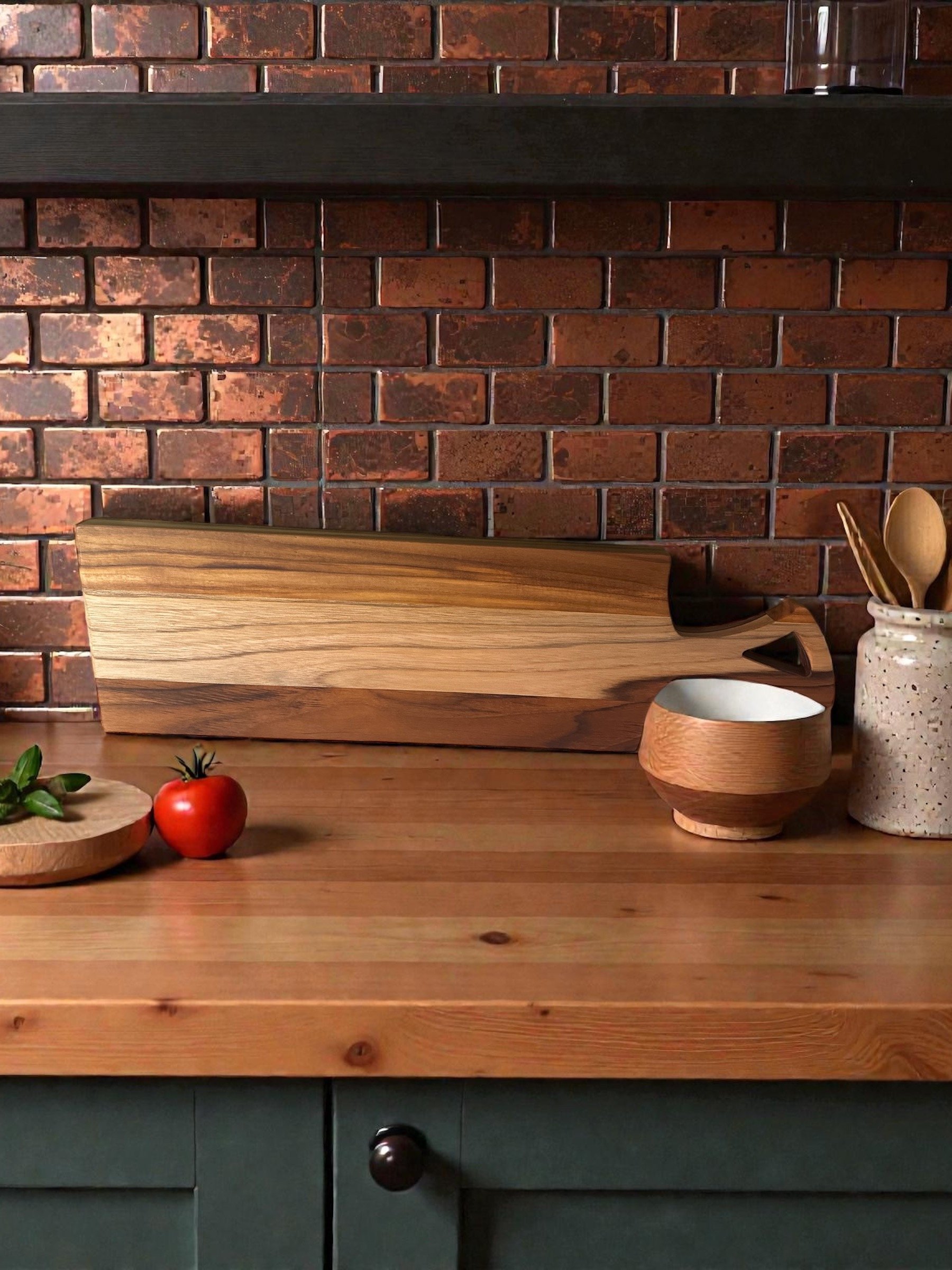 Teak Charcuterie Board w/ Handle 8 x 20 Cutting Surface Raised Grain product image (5)