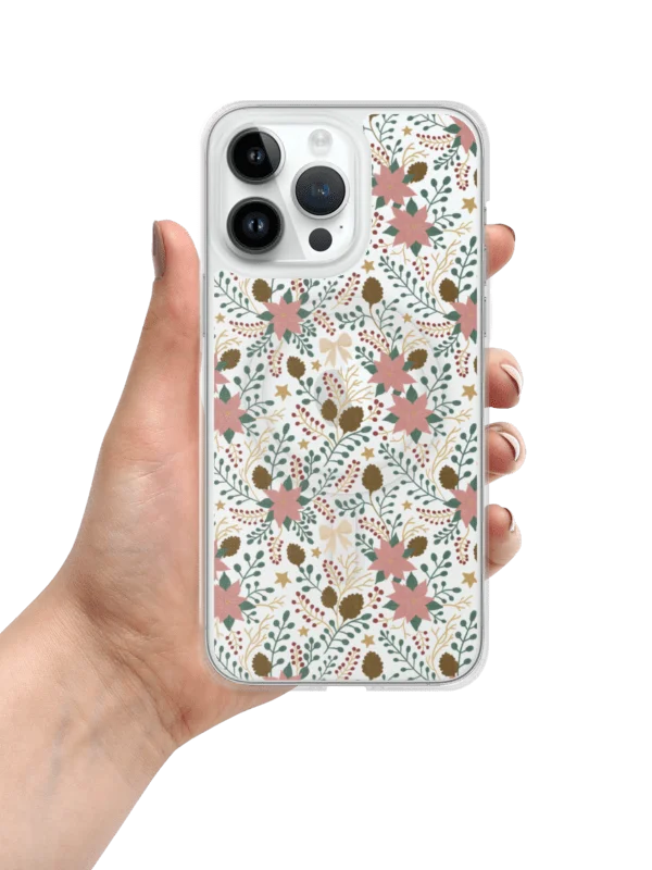 MagSafe® clear case for iPhone enchanted forest blooms. Botanical Christmas design with poinsettias and winter details product image (4)