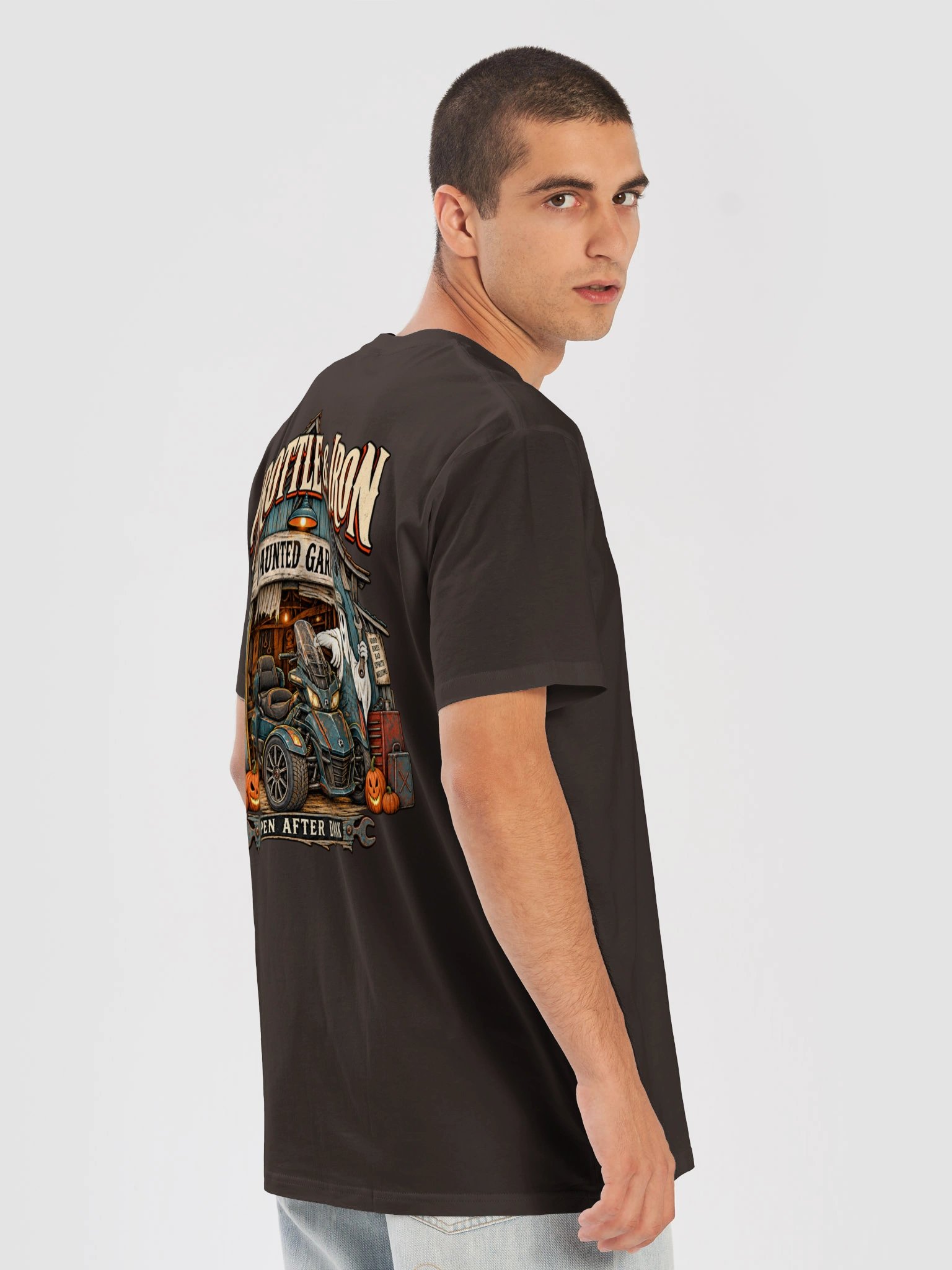 Throttle & Iron Haunted Garage Spyder Halloween T-Shirt product image (8)