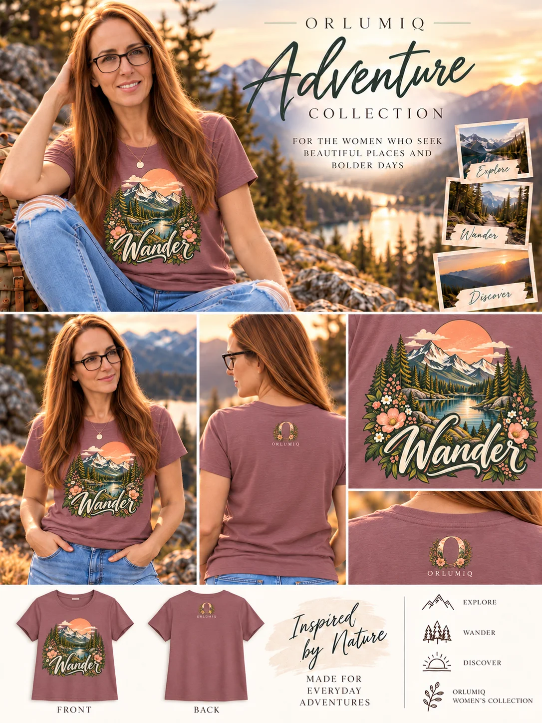 ORLUMIQ Wander Adventure T-Shirt | Women's Mountain Lake Graphic Tee – Mauve product image (1)