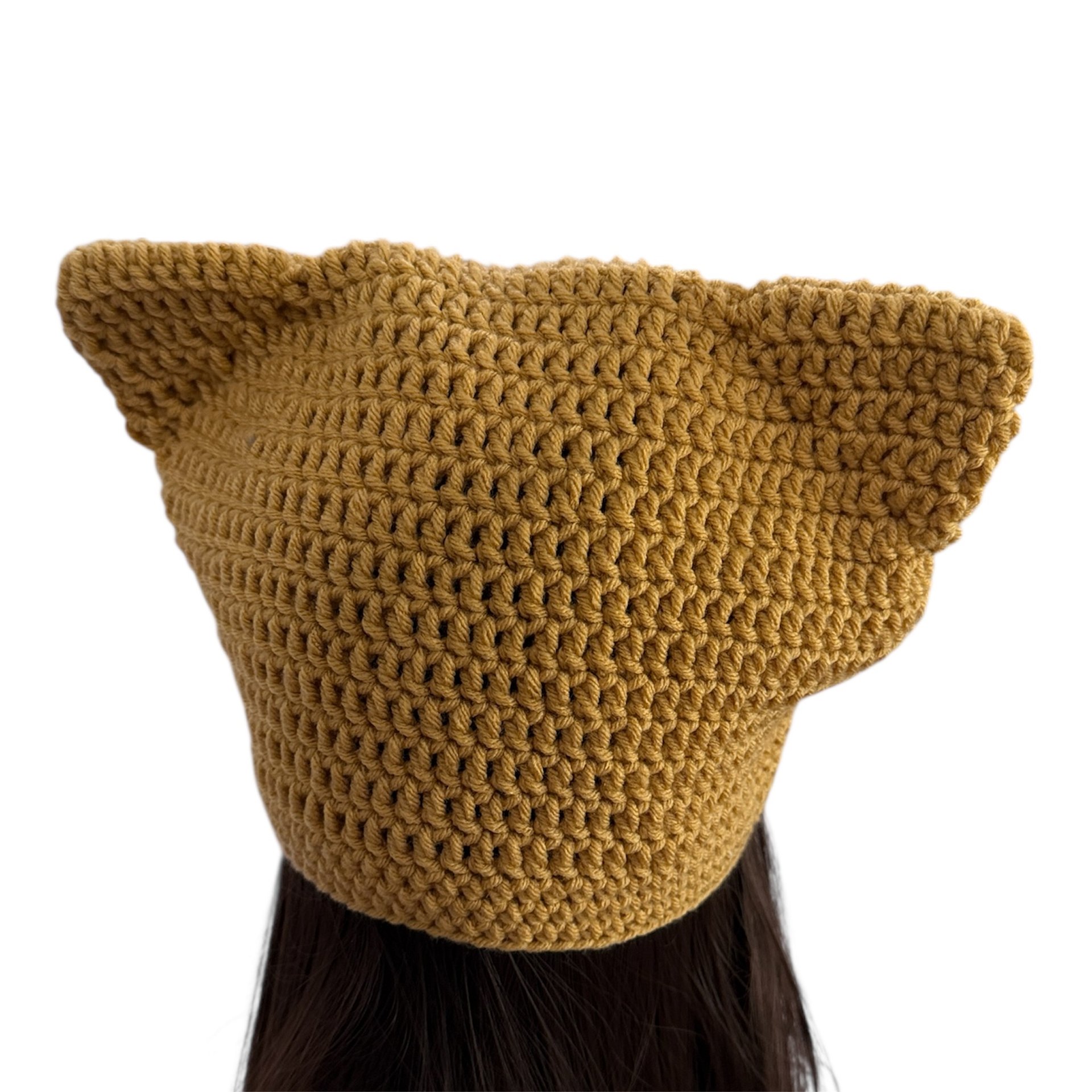 Winter Crochet Custom Cat Ear Beanie Yellow mustard with Pink bow - for kids 6-12 yo. product image (3)