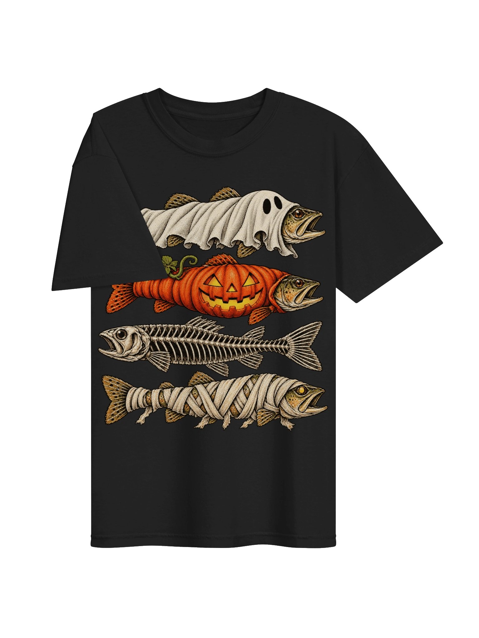 T-shirt de pêche d'Halloween avec un poisson-bar effrayant | T-shirt avec un poisson squelette de citrouille fantôme et de momie, cadeau pour pêcheur effrayant Comfort Colors® product image (3)