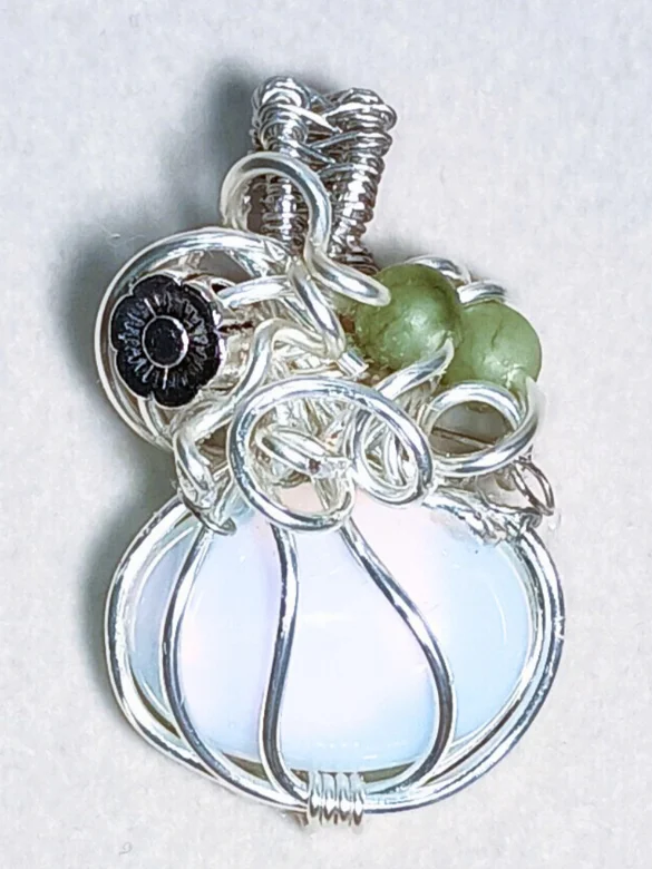 Hand-Wrapped Opalite Pendant | Jade Accent, Silver-Tone | "Luminous Pumpkin" product image (2)