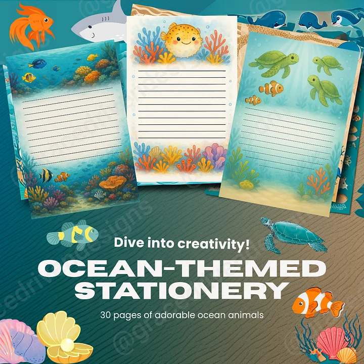 Set of 30 Ocean-Themed Printable Stationery Pages | A4 Digital Download PDF + Freebies product image (1)