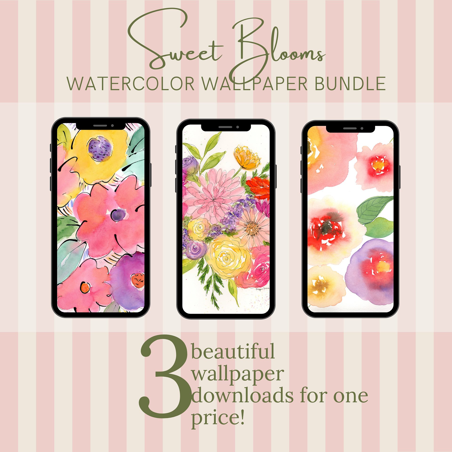 Sweet Bloom Bundle - 3 Original Watercolor Phone Wallpapers product image (1)