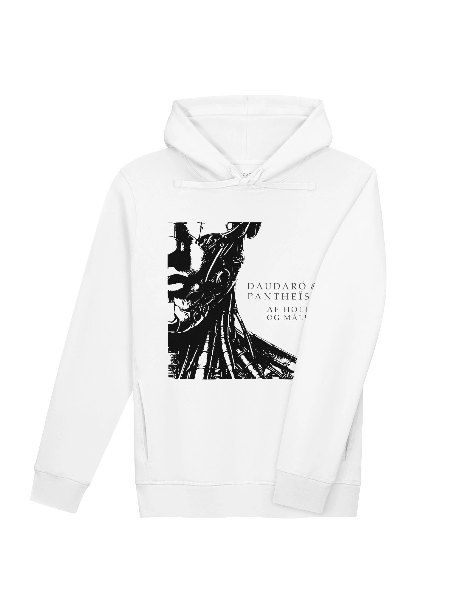 Dauðaró & Pantheïst — Af holdi og málmi Limited Edition Unisex Pocket Hoodie (White) product image (4)