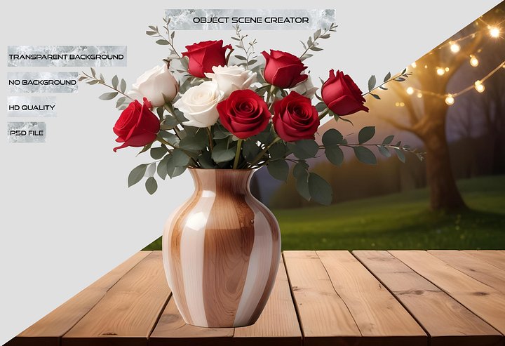 Timeless Elegance – Wooden Vase with Roses PNG product image (2)