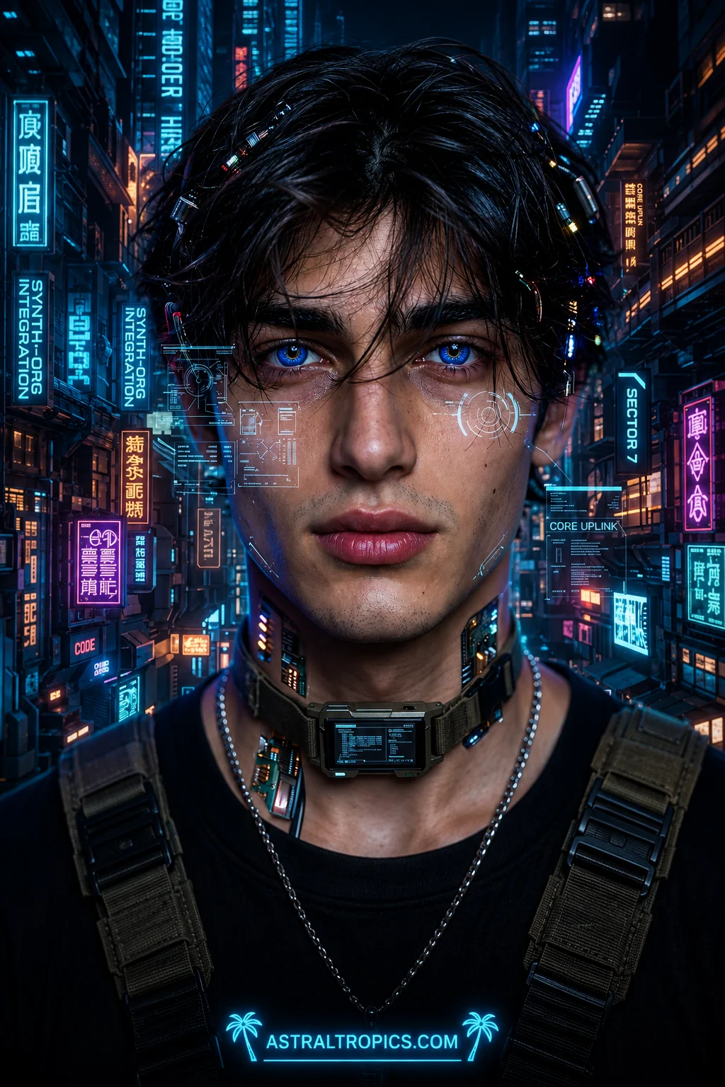 Cyberpunk Neon Man Poster, Futuristic Blue Eyes Sci-Fi Wall Art, Tech Bathroom Decor product image (1)