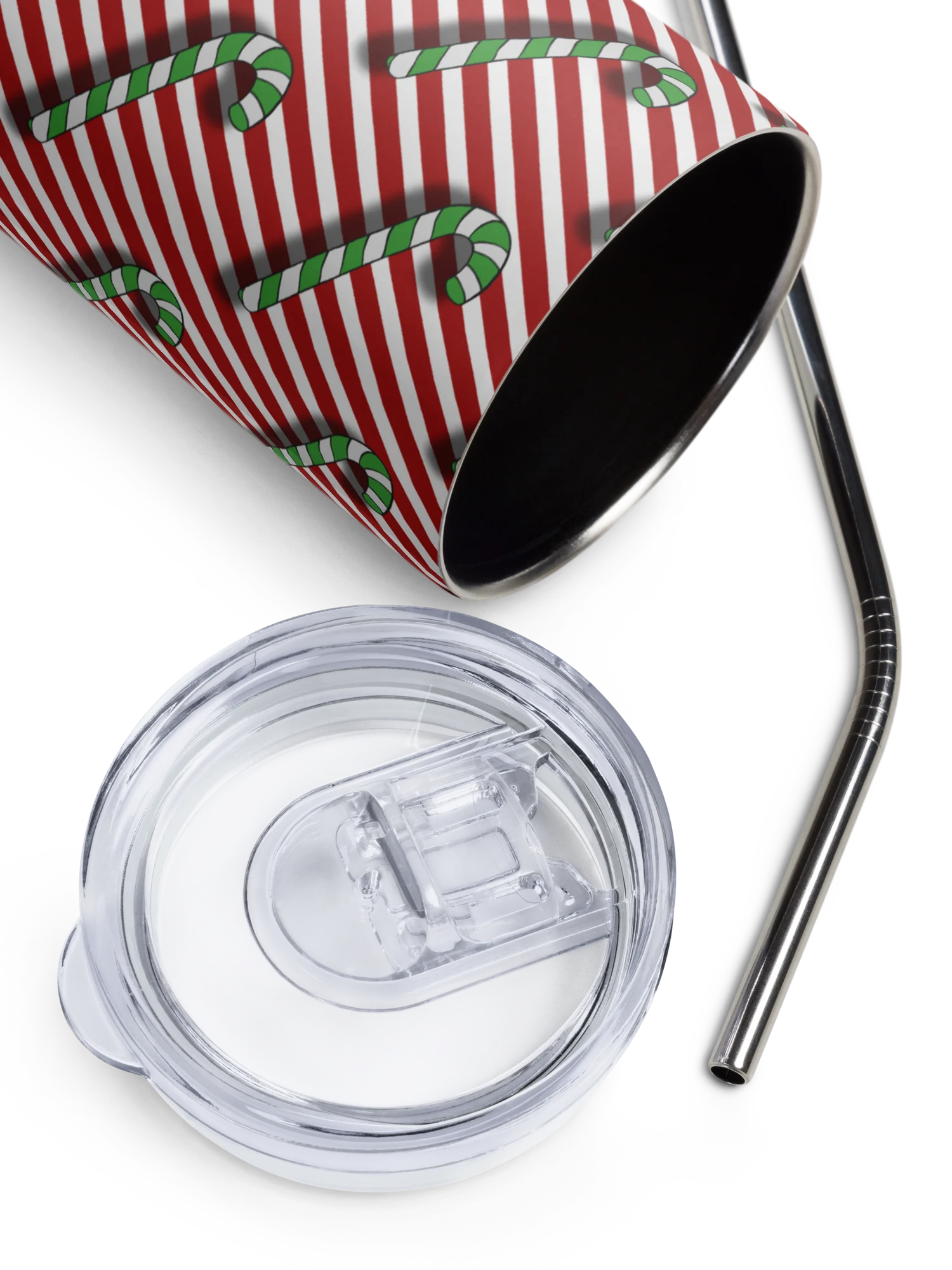 Green Candy Canes on Red Stipe Stainless Steel Tumbler with Straw product image (4)