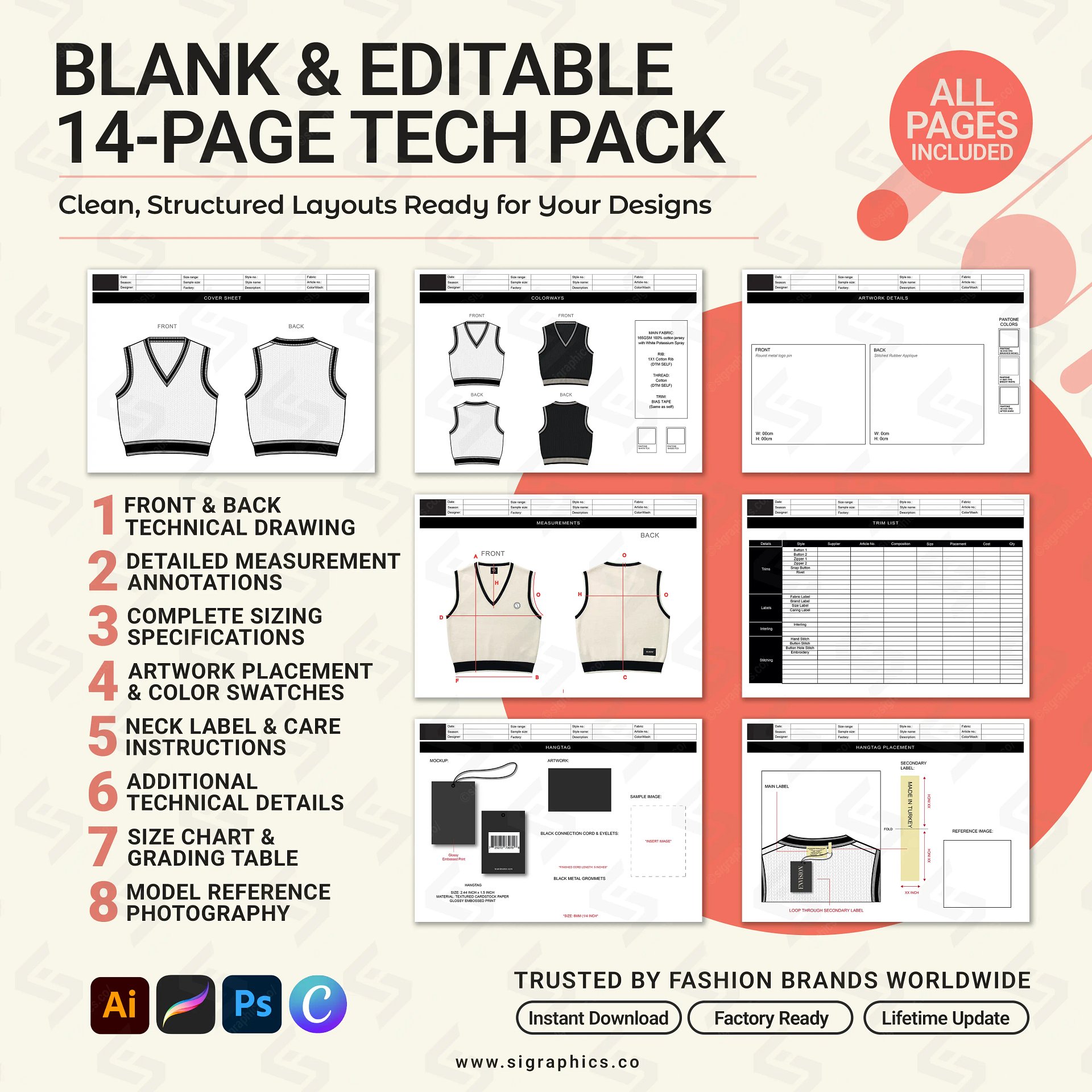 V-Neck Knit Sweater Vest Tech Pack Template product image (4)