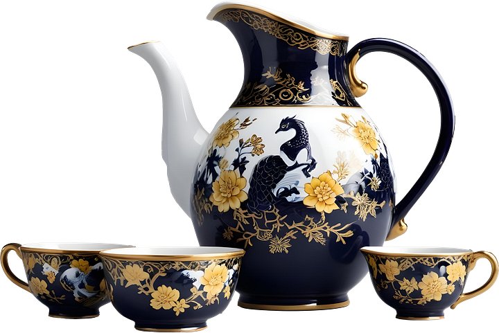 Chinese Porcelain Tea Set with Golden Peacock Motif PNG product image (1)