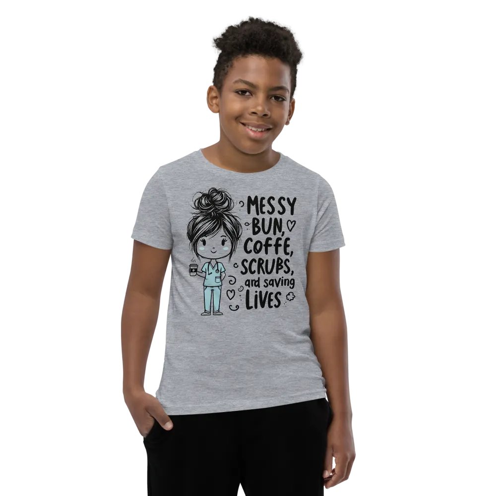 Messy Bun, Coffee, Scrubs, and Saving Lives Youth T-Shirt product image (66)