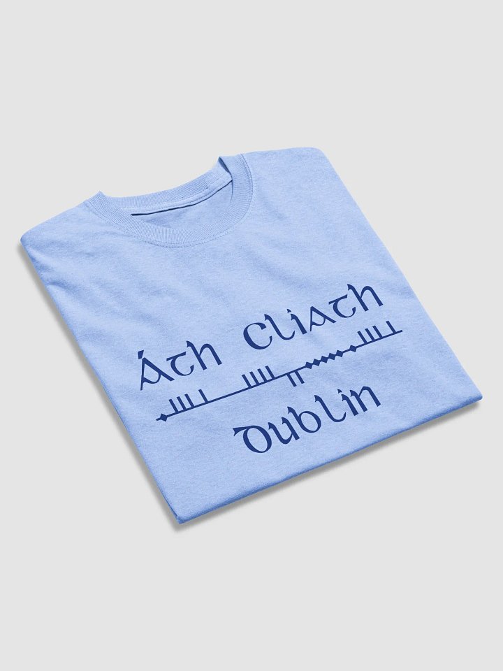 Dublin/Áth Cliath Scholastic style Ogham, light blue with navy, printed T-shirt product image (2)