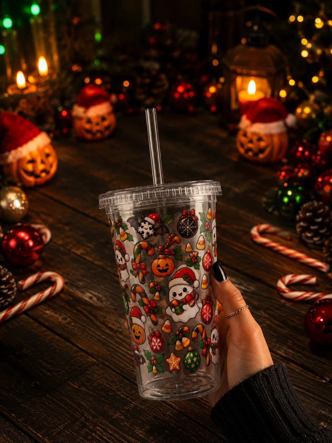 Pumpkin Meets Santa Clear Dual Wall Tumbler 16 Oz (473 ml) product image (1)