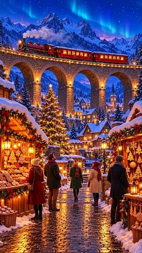 Christmas Lights Below, a Winter Train Above 🚂✨