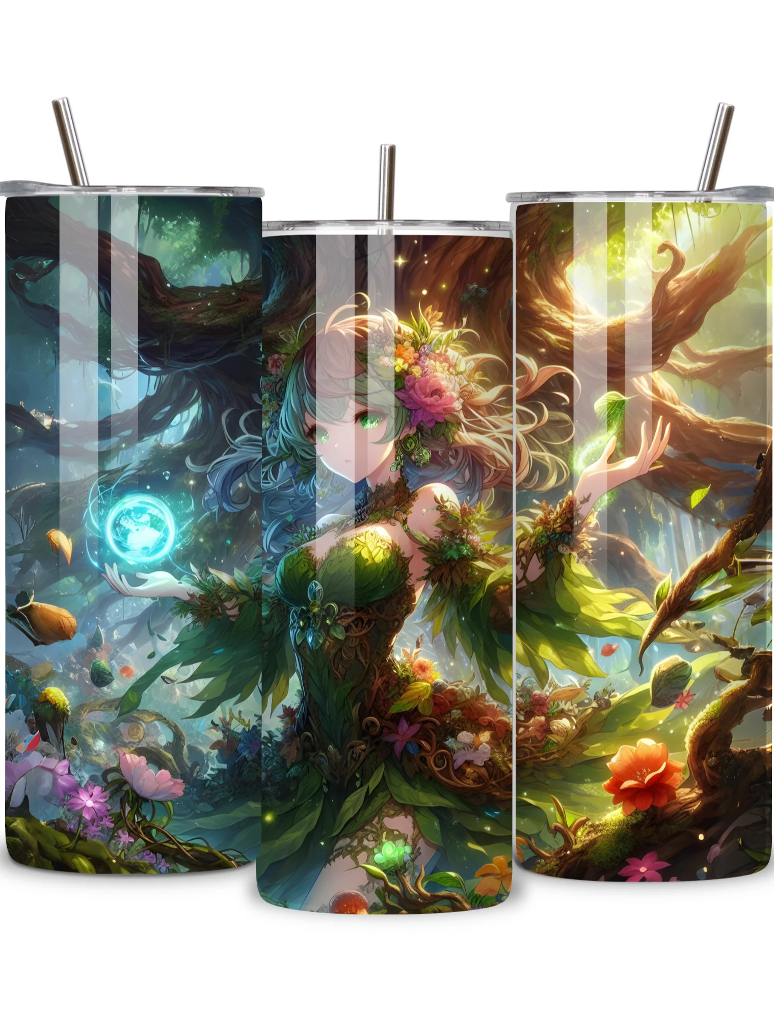Elemental Anime Girl 20oz Skinny Tumblers with Metal Straws – Fire, Water, Earth, and Wind Designs – Double-Walled Insulated Stainless Steel Tumbler, Gift for Anime Fans and Nature Lovers (Earth) product image (2)