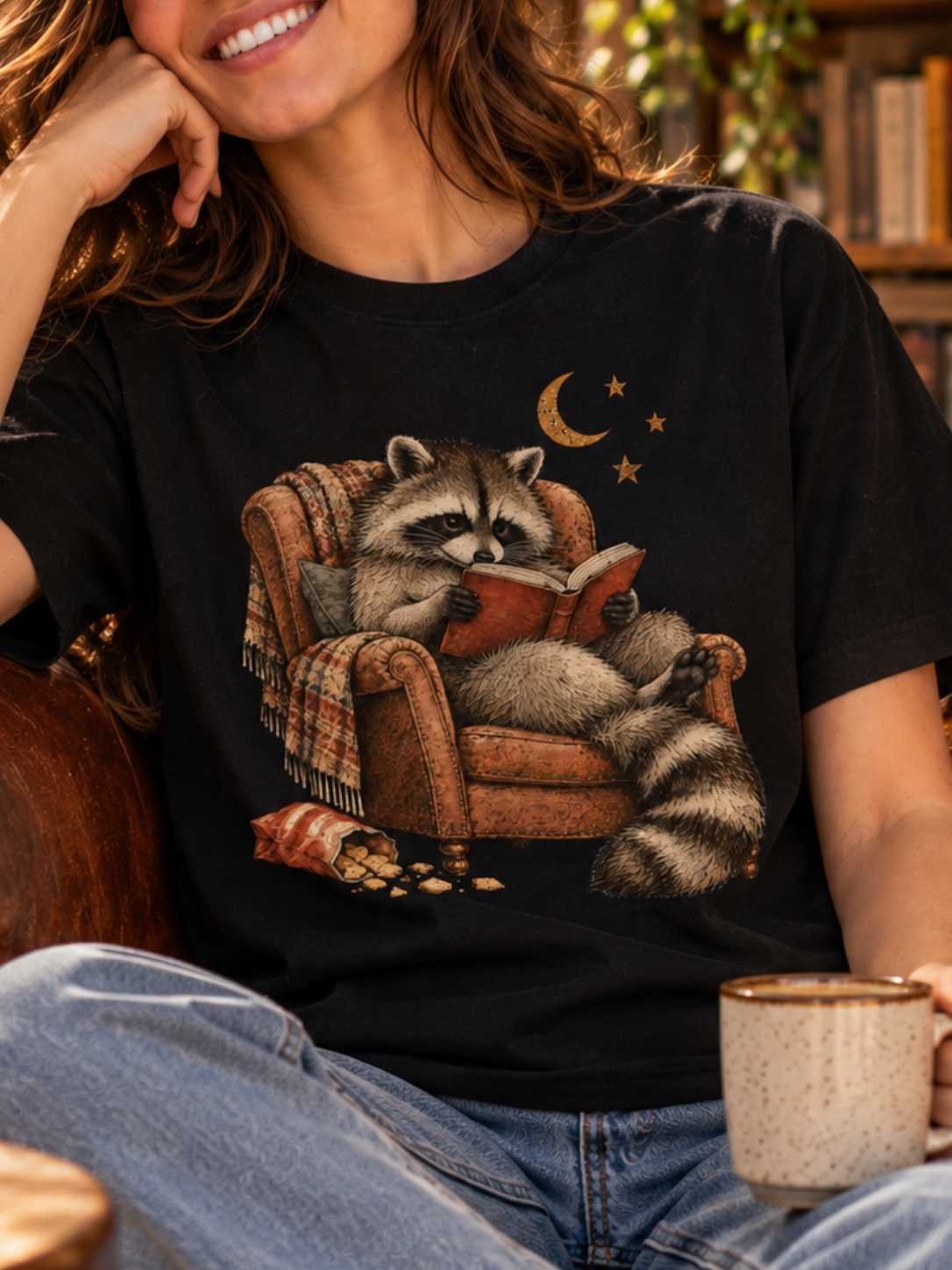 Cozy Reading Raccoon T-Shirt product image (3)