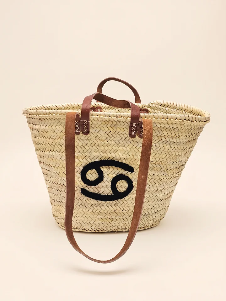 Handmade Straw Tote Bag – Cancer Zodiac Monogram Market Basket product image (2)
