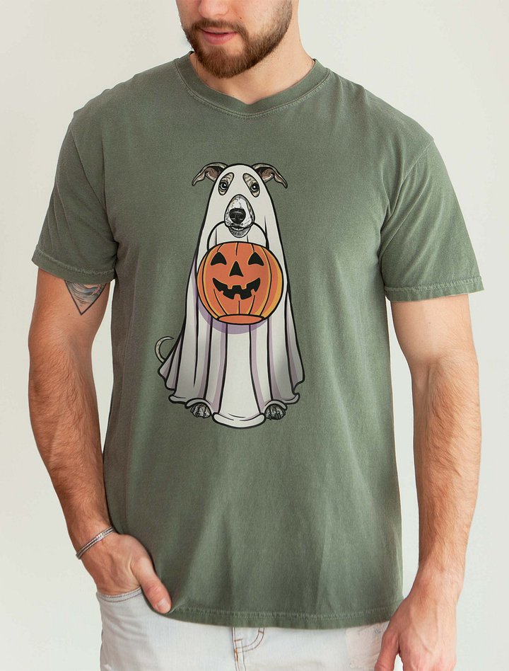 Funny Halloween Whippet(Fawn Brindle) T-Shirt | Funny Dog Wearing a Ghost Costume and Holding a Pumpkin Basket product image (2)