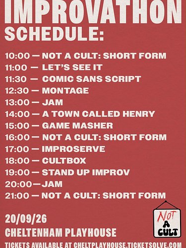 12 hours of improv comedy.

All profits going to the fantastic @ndhubglos 

10am - 10pm at @cheltplayhouse 

THIS SUNDAY, 20t...