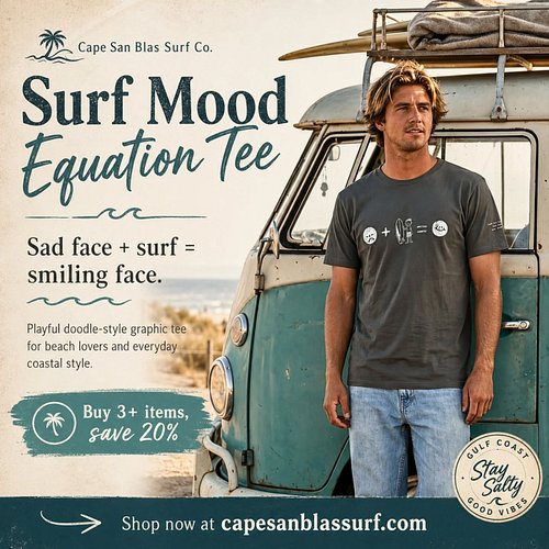 Bad mood? Add surf.

The new Surf Mood Equation Tee keeps the math simple: sad face + surf = smiling face.

A playful doodle-...