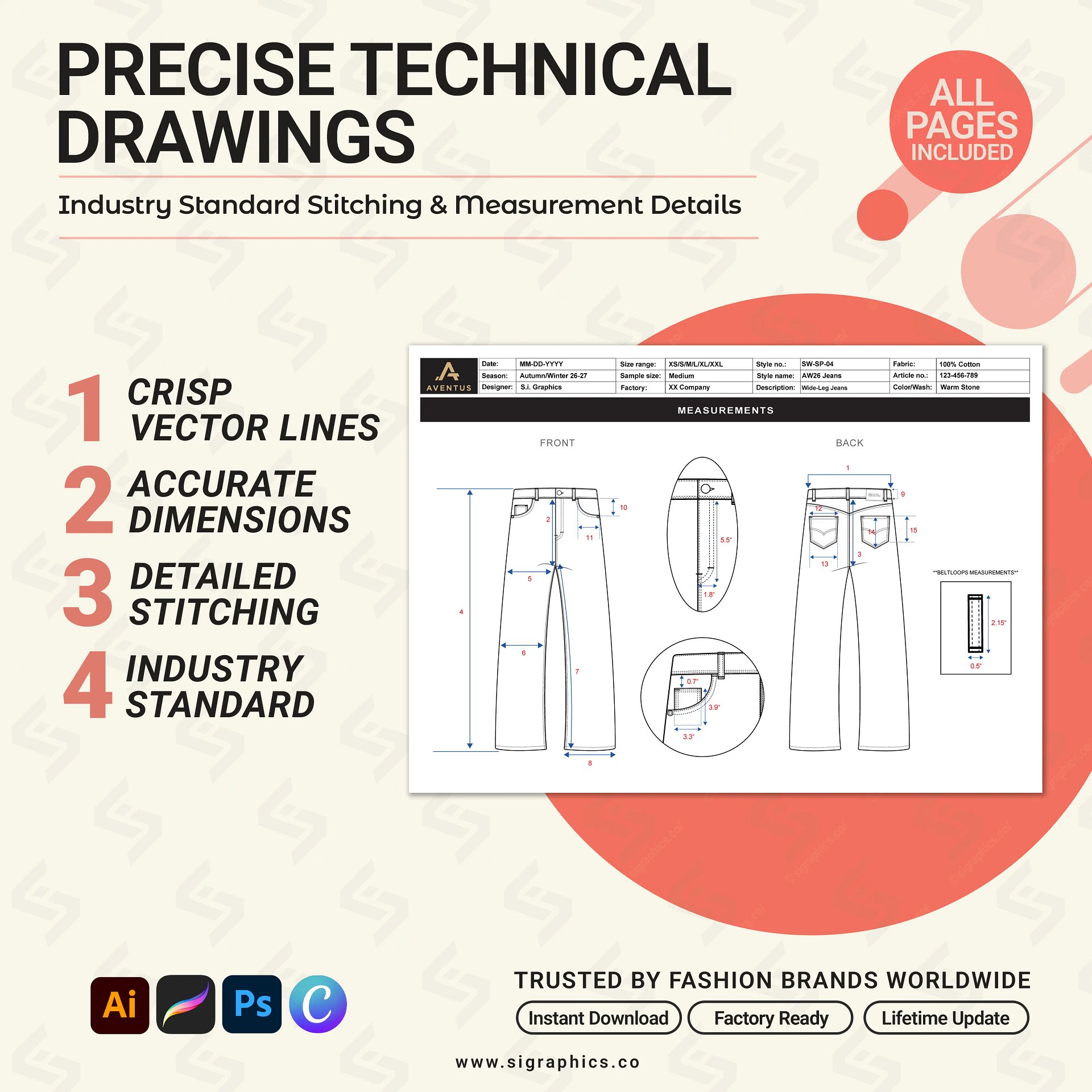 Wide-Leg Denim Jeans Tech Pack Template – Editable AI File product image (4)
