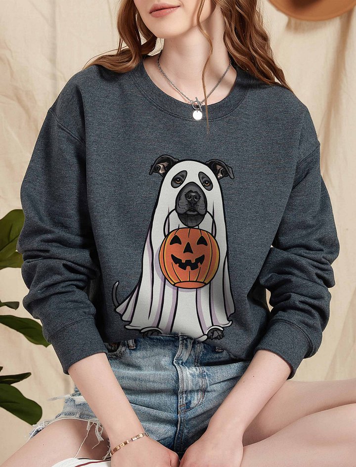 Funny Halloween Staffordshire Terrier(Blue) Sweatshirt | Funny Staffy Wearing a Ghost Costume and Holding a Pumpkin Basket product image (2)