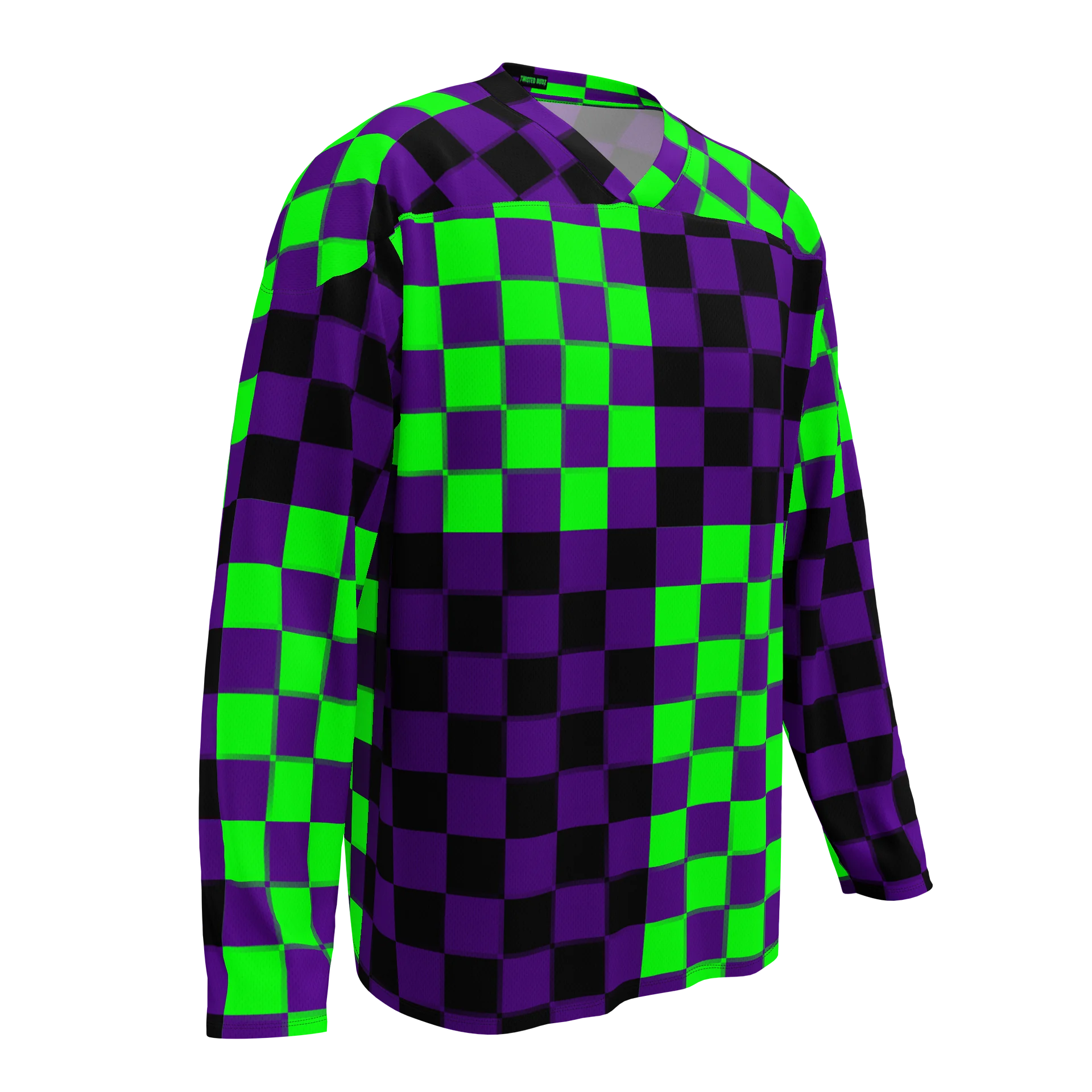 Rave Recycled Hockey Jersey, Twisted Checkers Clowncore Clothing, Silly Circus Style Fun Festival Top, Neon Green Purple Black Odd EDM Shirt product image (1)