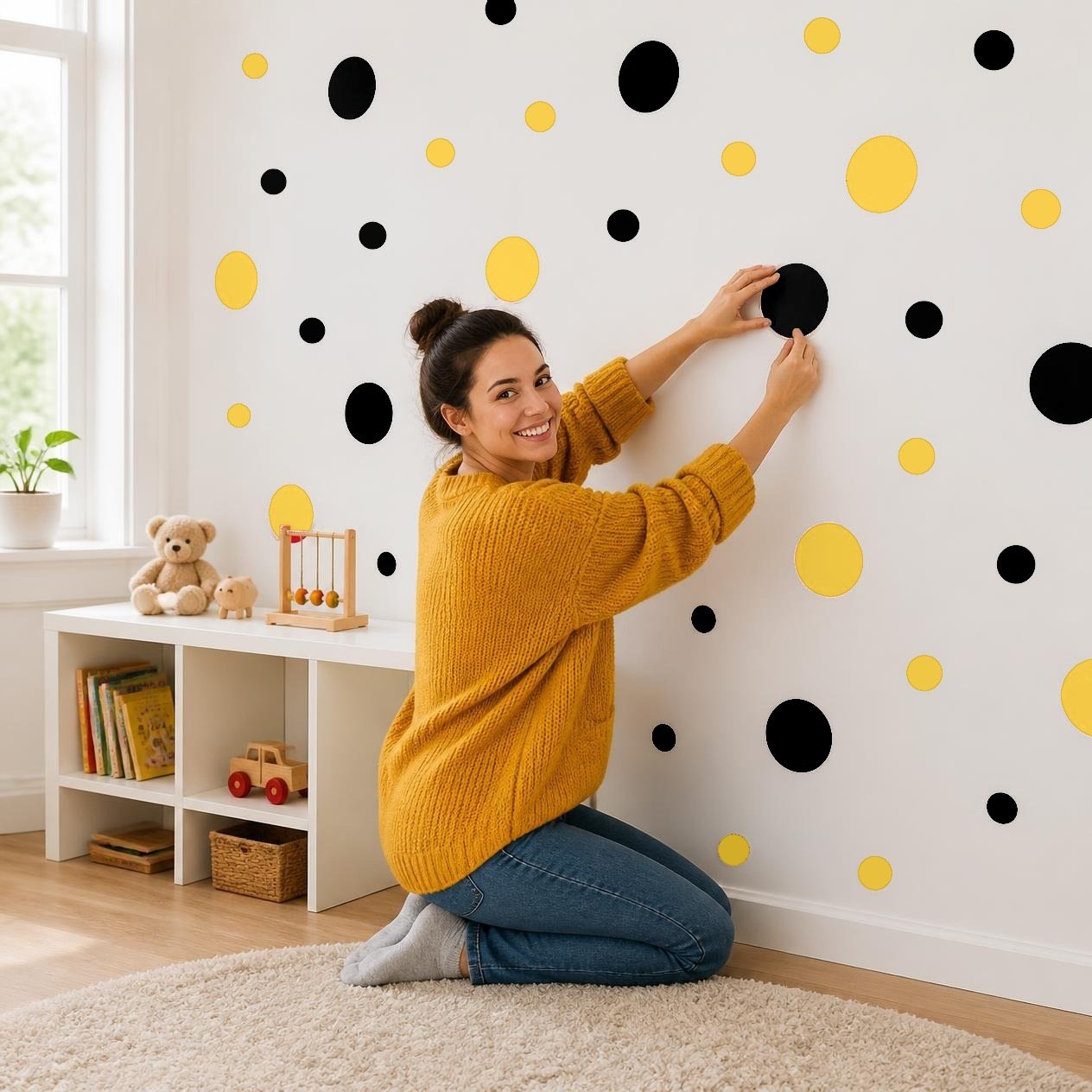 Black and Yellow Polka Dot Wall Decals, 2" and 4" Vinyl Circle Stickers, Removable Dot Decals for Nursery, Kids Room, Playroom product image (2)